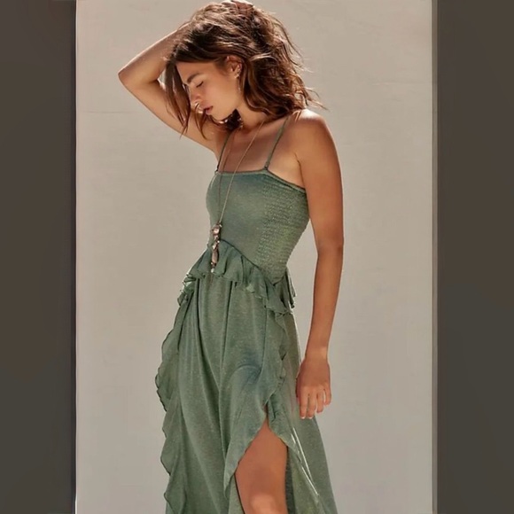 free people green ruffle dress Free People Buttondown Adjustable Strap Ruffle Maxi Dress Endless Summer Slip XS